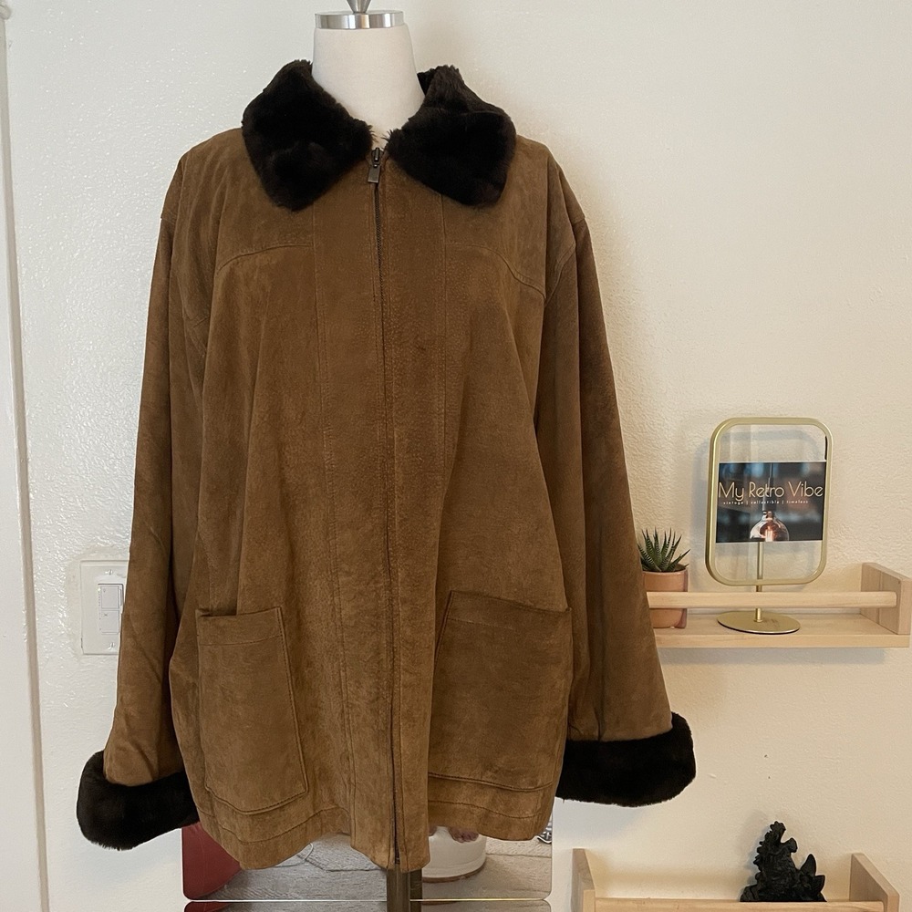 Bagatelle Leather Hide Suede Jacket With Faux Fur Collar & Cuffs Full Zip‎